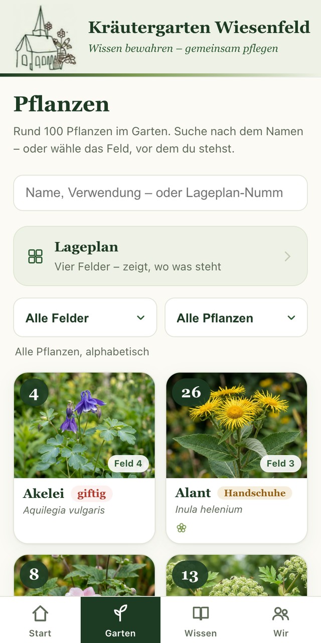Die Pflanzenübersicht der App mit Bildkacheln